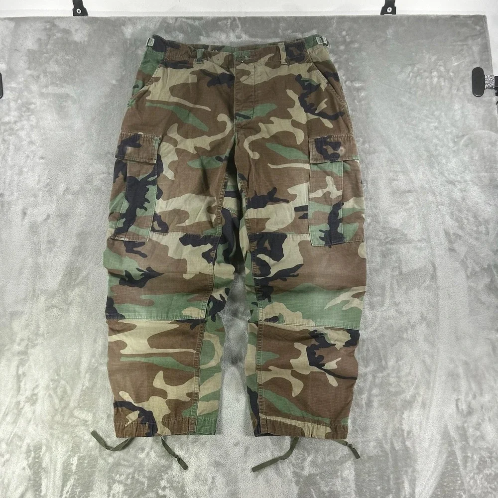 Camo Cargo Pants Mens 33x27 Green Ripstop Adjustable BDU Military Drawstring